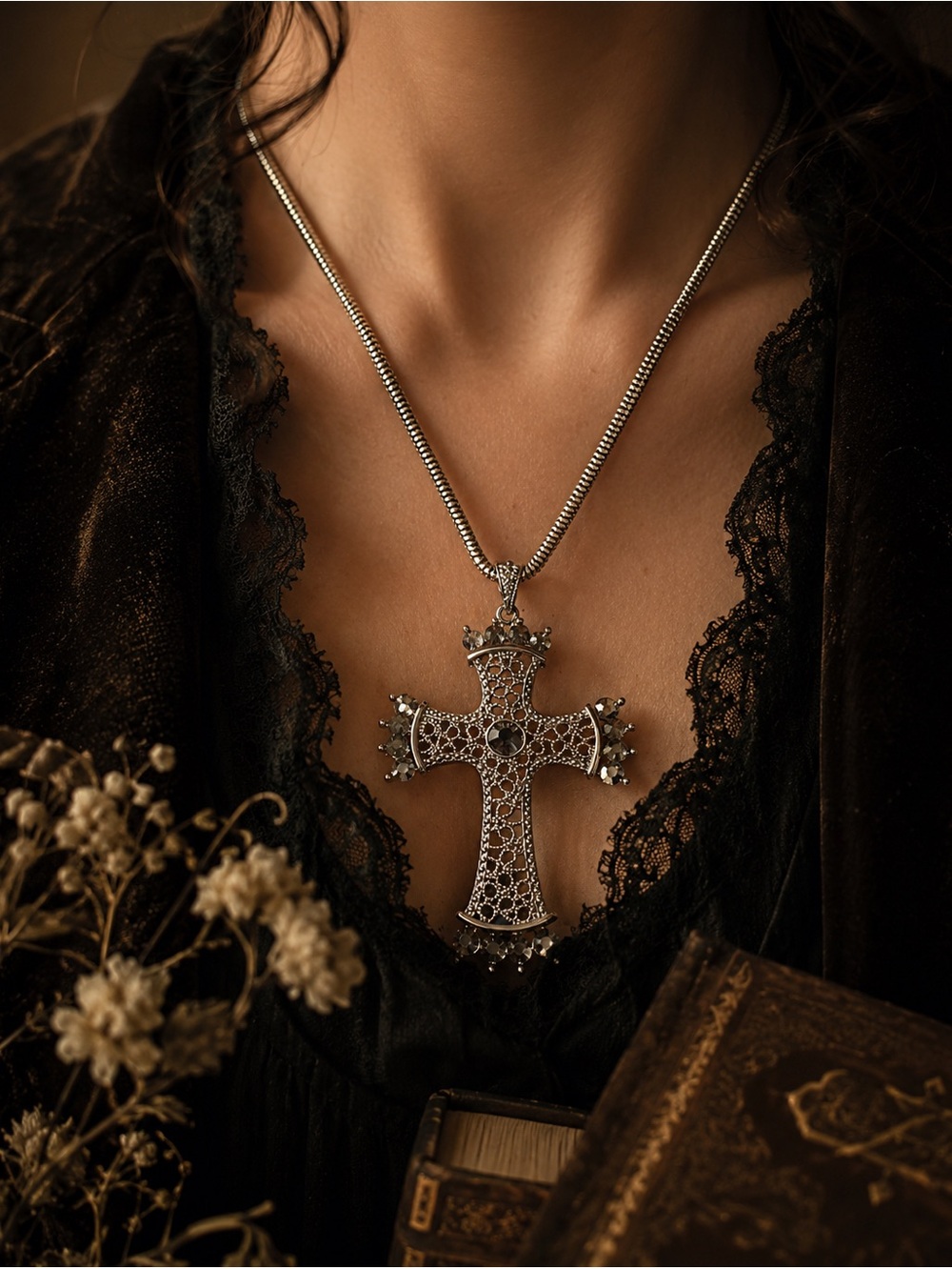 Silver Filigree Cross Necklace Dark Academia Whimsigoth Gothic Victorian Stateme